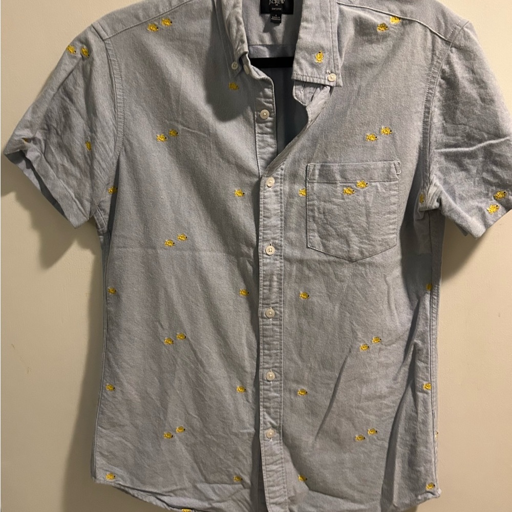 J.Crew Mens Small Slim Fit Oxford Shirt Fish Print Short Sleeve Button Down